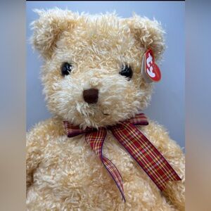 Ty Vintage Shaggington Teddy Bear 2001 Tan Red Bow Beanie Buddies Plush 16”